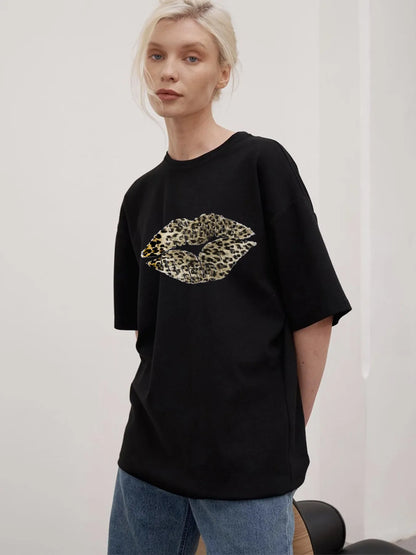 Leopard Lips Round Neck Oversized T-Shirt-Nordavory