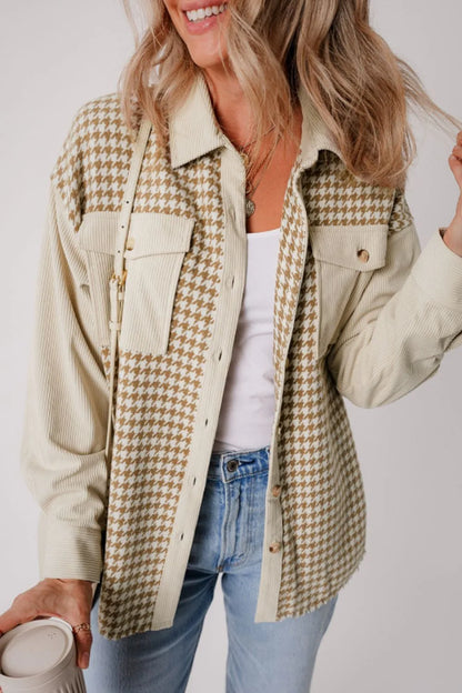 Houndstooth Button Up Long Sleeve Jacket-Nordavory