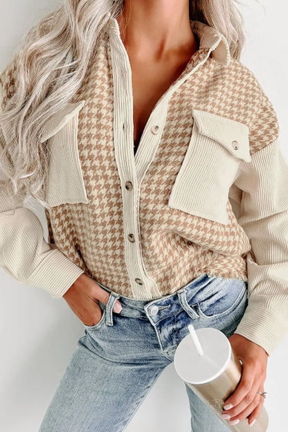 Houndstooth Button Up Long Sleeve Jacket-Nordavory