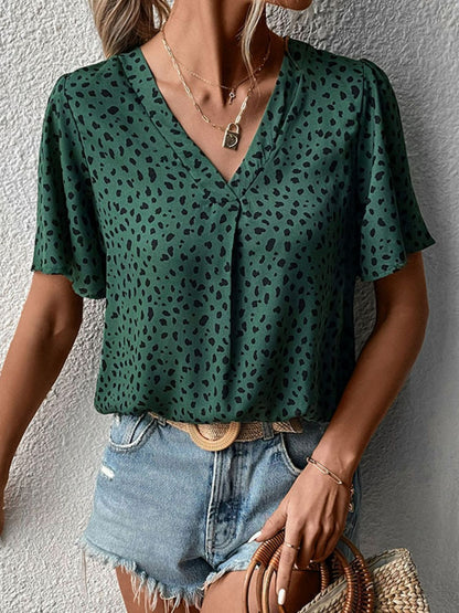 Perfee Animal Print V-Neck Flutter Sleeve Blouse-Nordavory