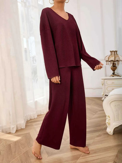 V-Neck Long Sleeve Top and Wide Leg Pants Set-Nordavory