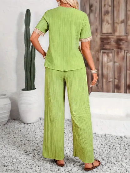 V-Neck Short Sleeve Top and Pants Set-Nordavory