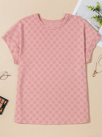 Checkered Textured Round Neck T-Shirt-Nordavory