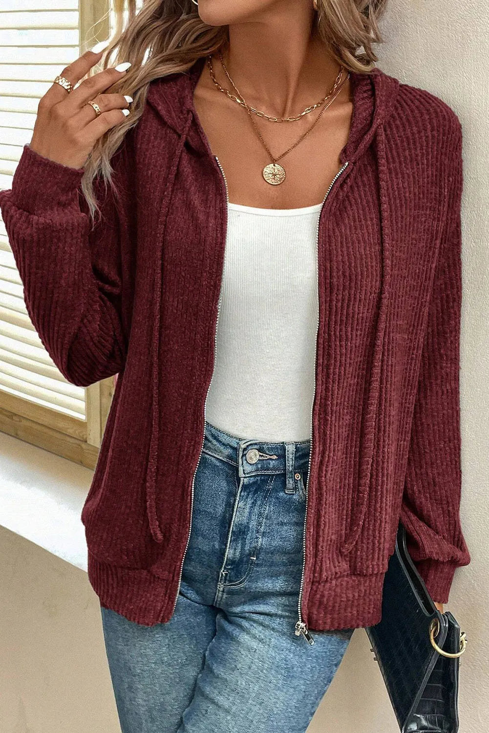 Drawstring Zip Up Long Sleeve Hooded Jacket-Nordavory