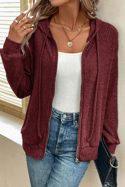 Drawstring Zip Up Long Sleeve Hooded Jacket-Nordavory