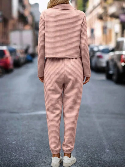 Plaid Texture Snap Down Top and Pants Set-Nordavory