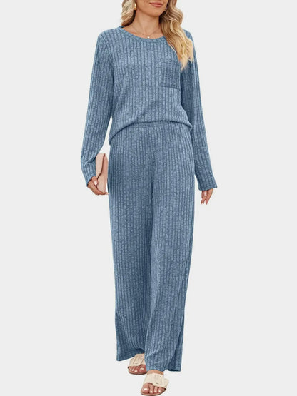 Round Neck Long Sleeve Top and Pants Set-Nordavory
