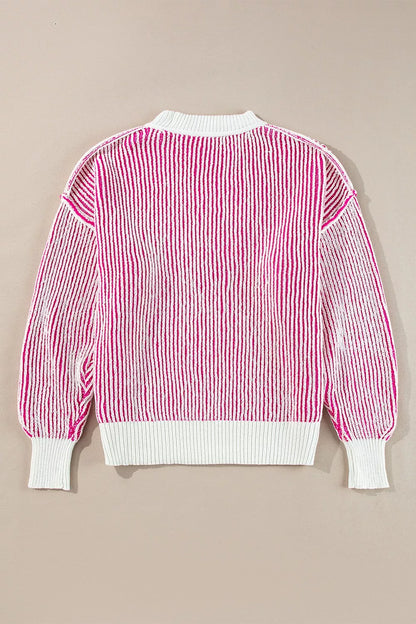 Striped Textured Knit Contrast Edge Loose Sweater-Nordavory