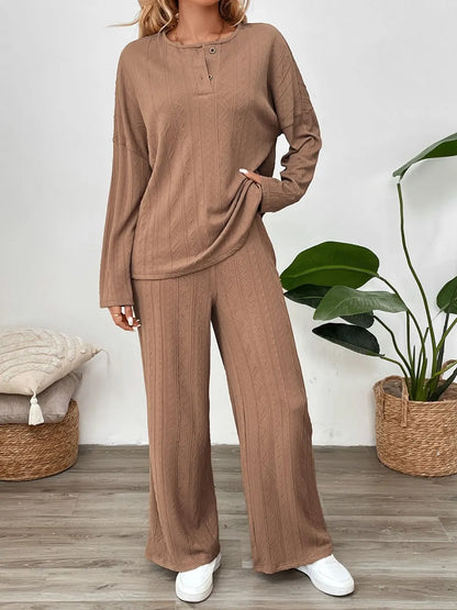 Perfee Quarter Button Long Sleeve Top and Pants Set-Nordavory