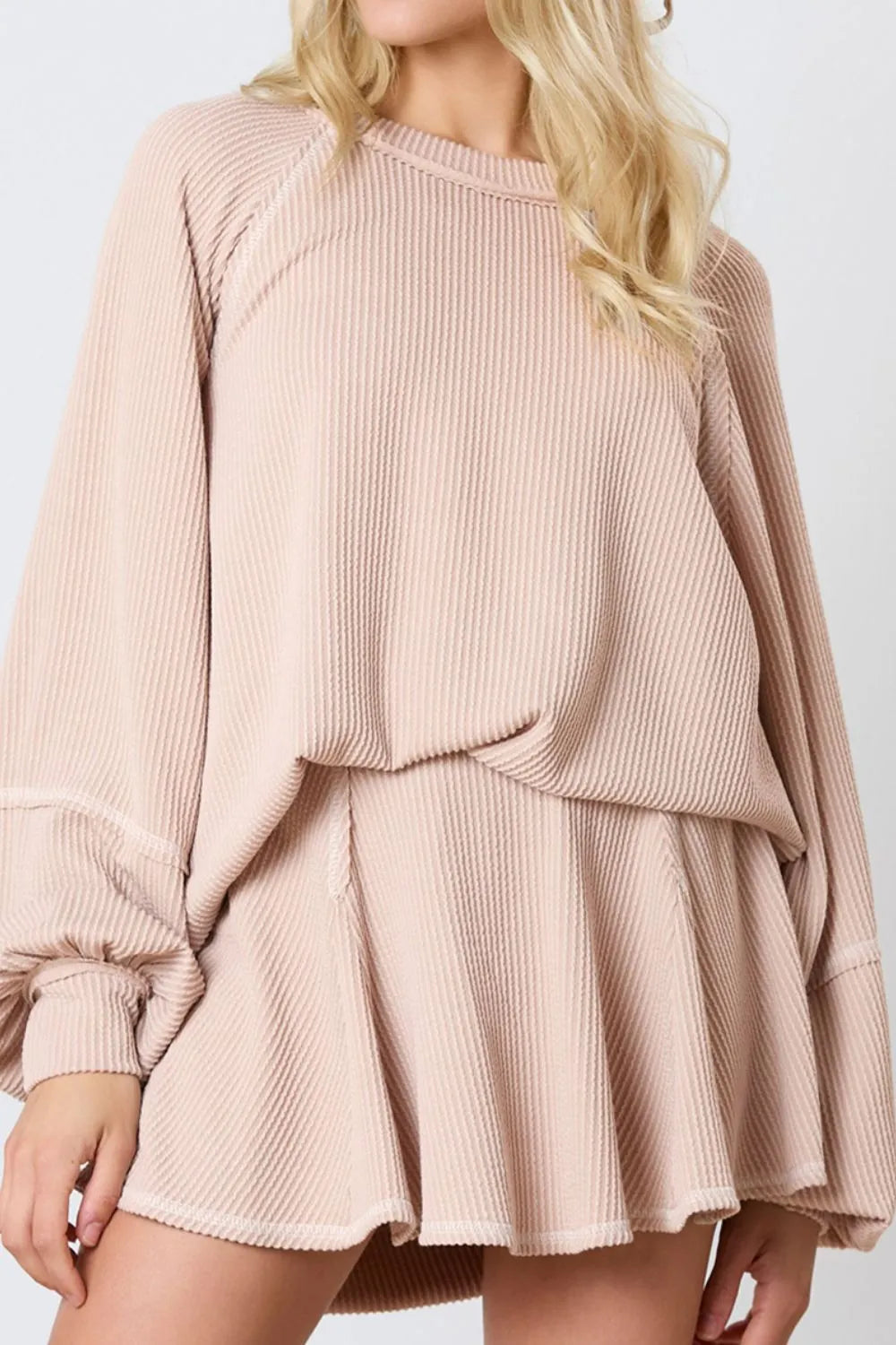 Texture Round Neck Long Sleeve Top and Skirt Set-Nordavory
