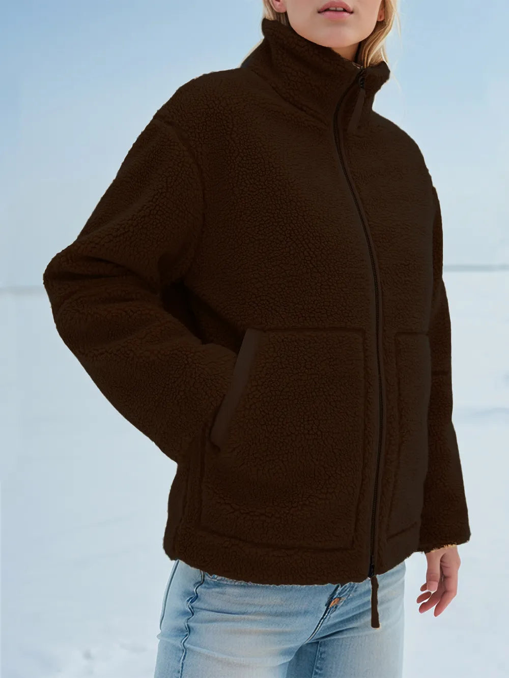Turtleneck Zip Up Long Sleeve Plush Jacket-Nordavory