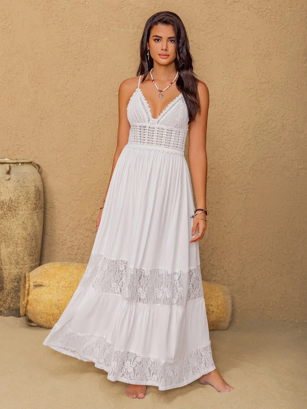 Lace Detail Crochet Tiered Maxi Cami Dress-Nordavory