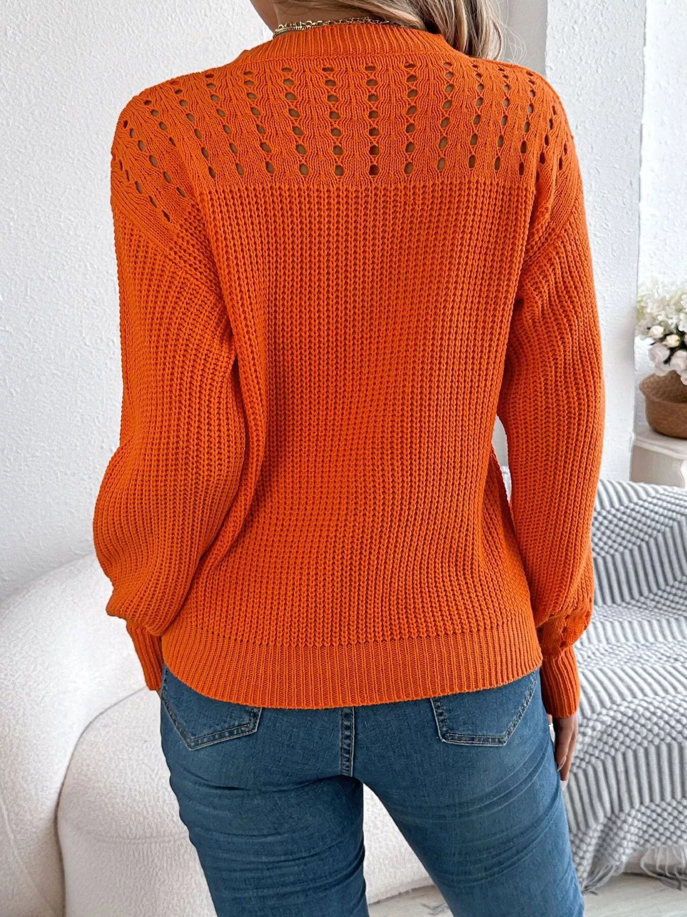 Openwork Round Neck Long Sleeve Sweater-Nordavory
