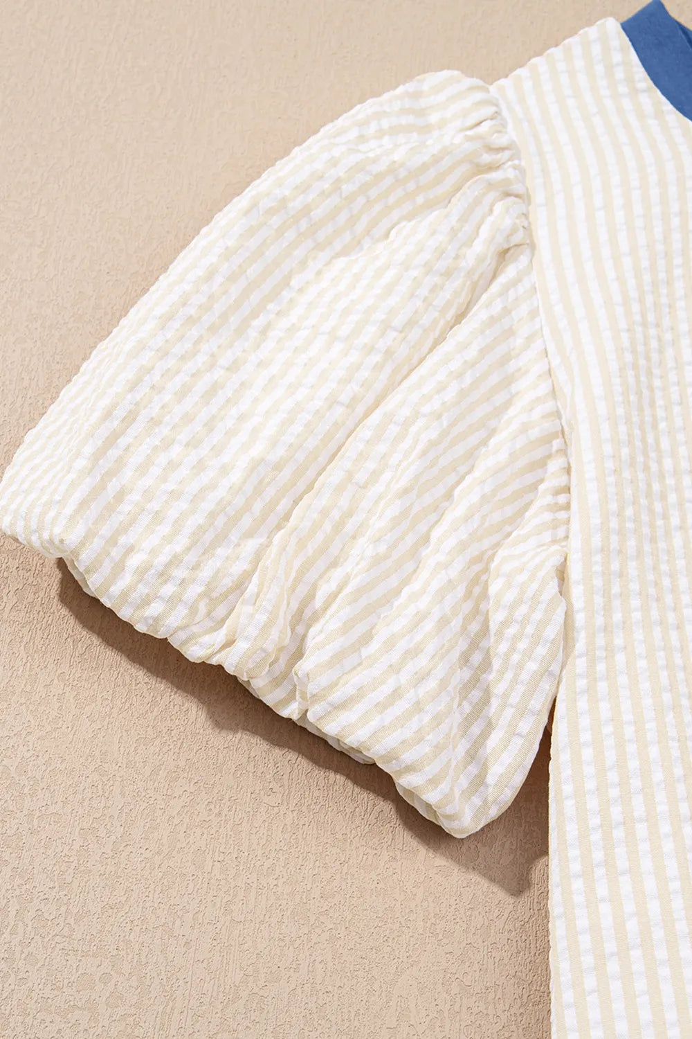 Stripe Seersucker Contrast Round Neck Puff Sleeve T Shirt Dress-Nordavory