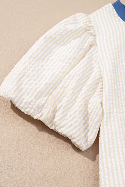 Stripe Seersucker Contrast Round Neck Puff Sleeve T Shirt Dress-Nordavory