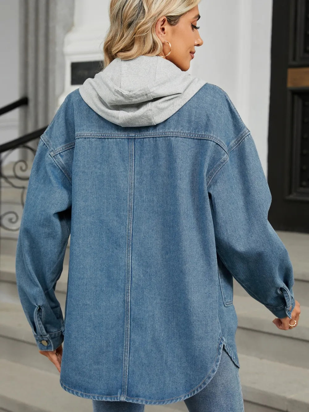 Removable Hood Button Up Long Sleeve Denim Jacket-Nordavory