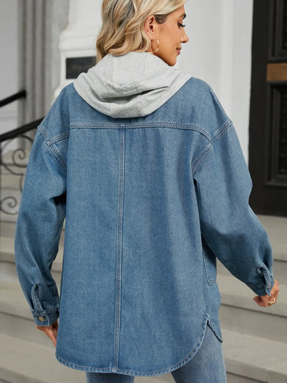Removable Hood Button Up Long Sleeve Denim Jacket-Nordavory