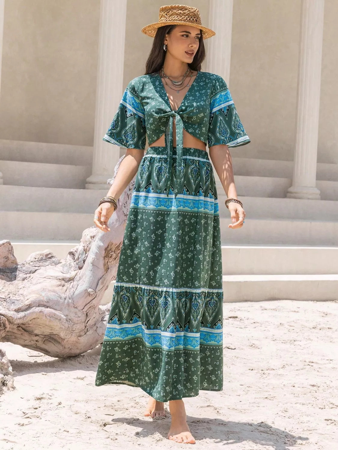 Tie Front Half Sleeve Top and Skirt Set-Nordavory