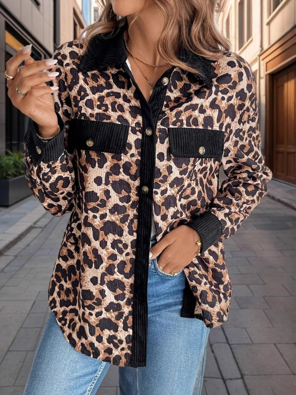Leopard Collared Neck Button Up Shacket-Nordavory