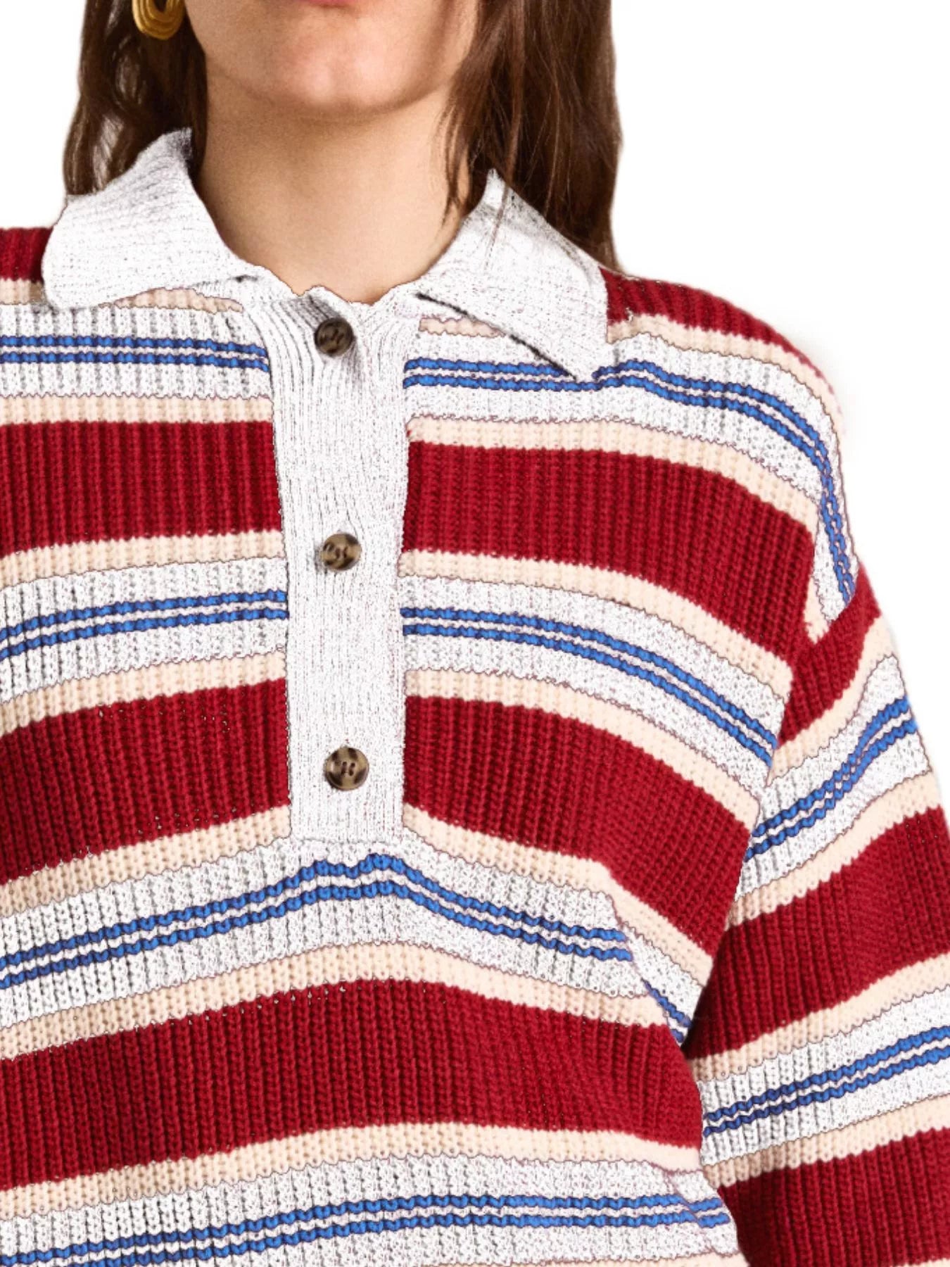 Striped Button Detail Polo Collar Sweater-Nordavory