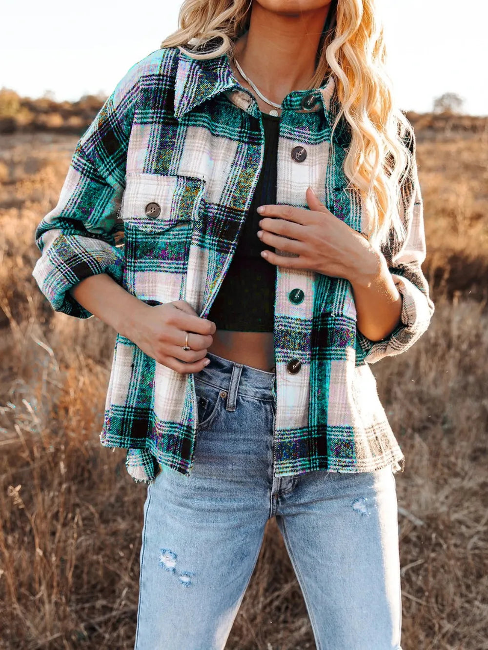 Pocketed Plaid Button Down Long Sleeve Shacket-Nordavory