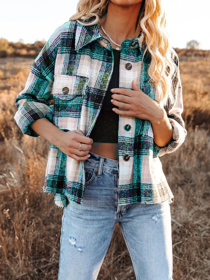 Pocketed Plaid Button Down Long Sleeve Shacket-Nordavory