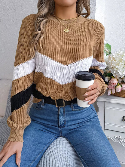 Chevron Stripe Color Block Round Neck Sweater-Nordavory