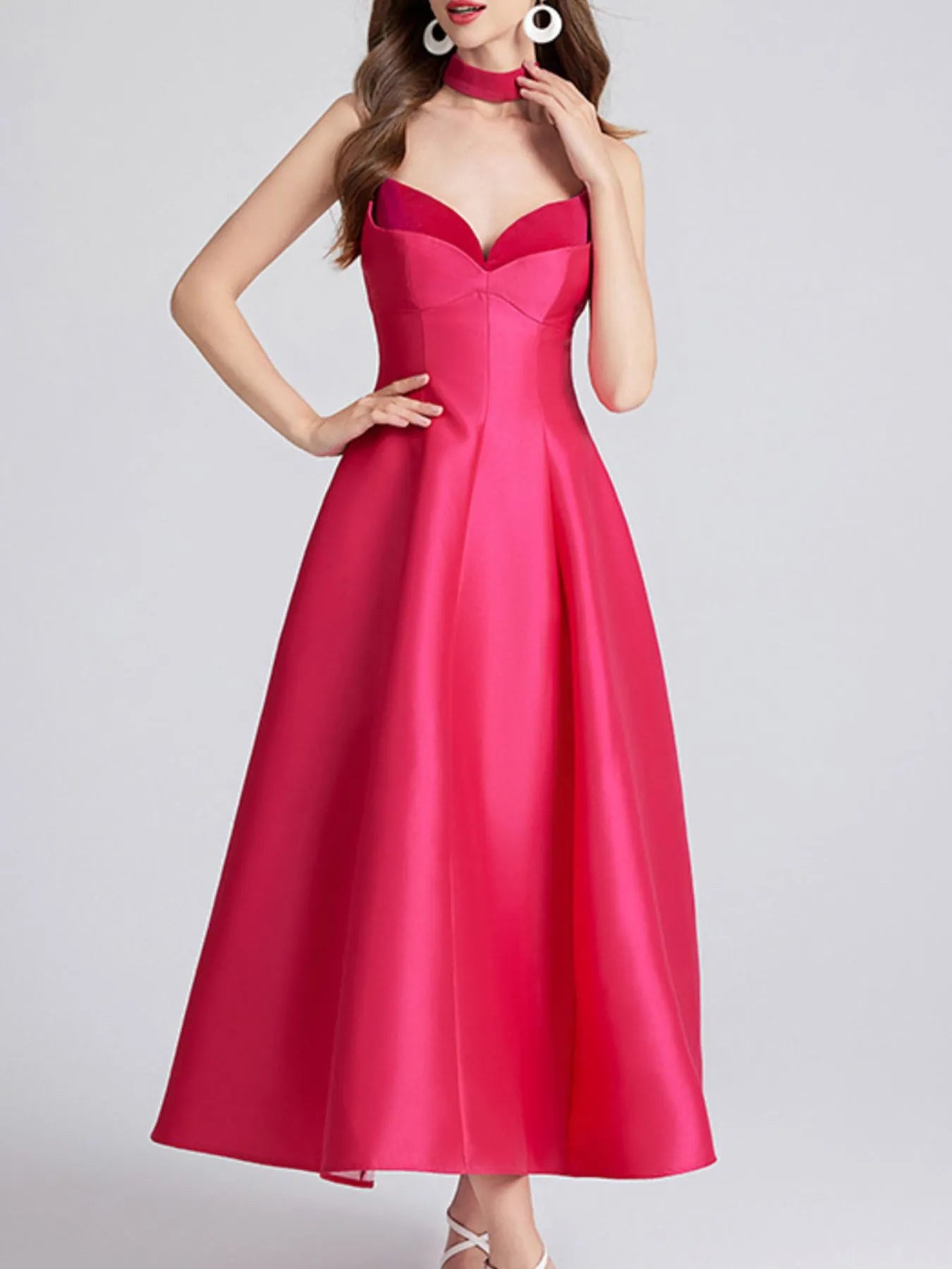 Sweetheart Spaghetti Strap Midi Dress with Collar-Nordavory