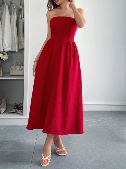 Strapless A-Line Midi Dress with Pockets-Nordavory