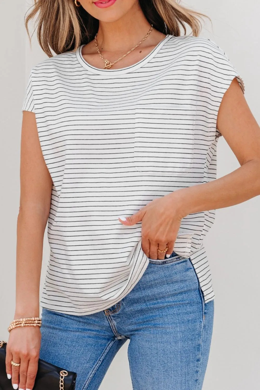 Stripe Cap Sleeve Crew Neck Casual Tee with Chest Pocket-Nordavory