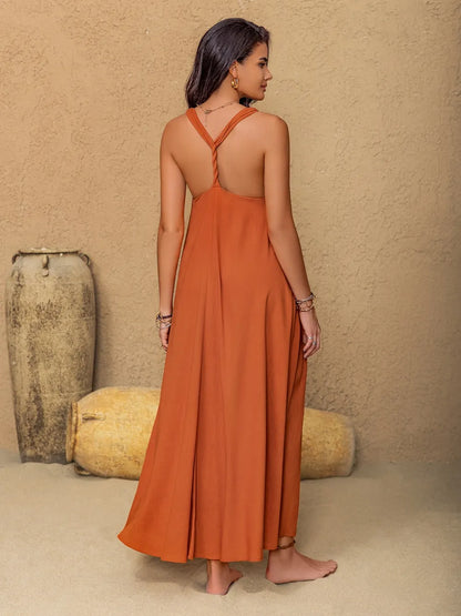 Ruched Twisted Back Sleeveless Maxi Cami Dress-Nordavory