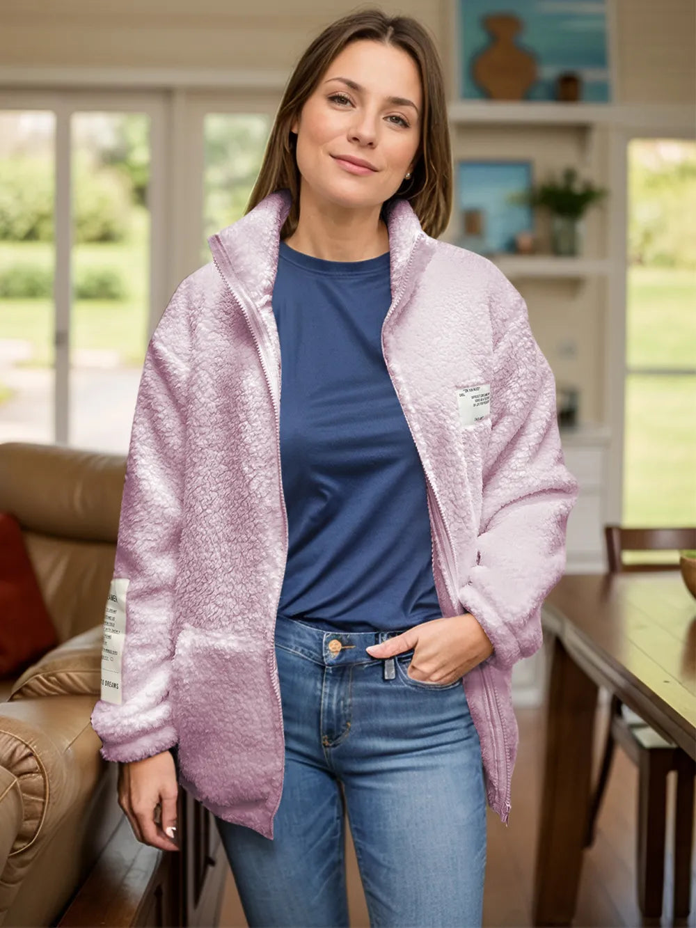 Full Size Turtleneck Zip Up Long Sleeve Sherpa Jacket-Nordavory