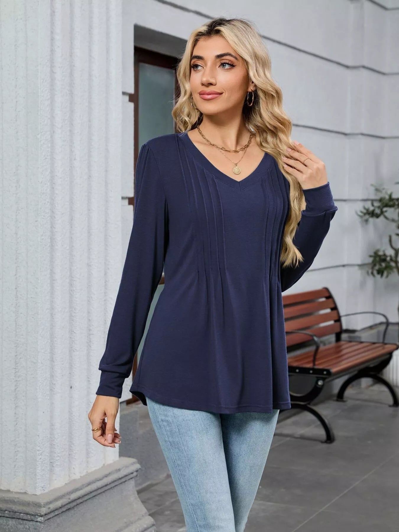 V-Neck Long Sleeve Relaxed Fit T-Shirt-Nordavory