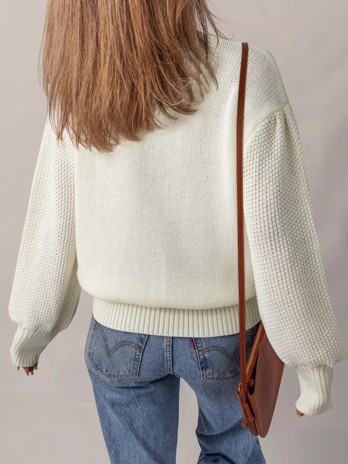 Flower Detail Round Neck Contrast Textured Puff Sleeve Sweater-Nordavory