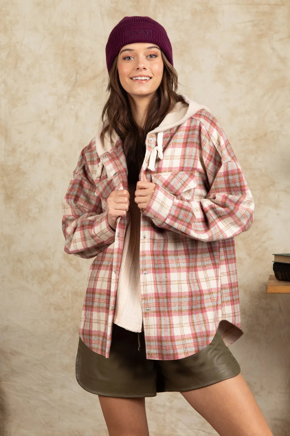Drawstring Plaid Long Sleeve Hooded Jacket-Nordavory