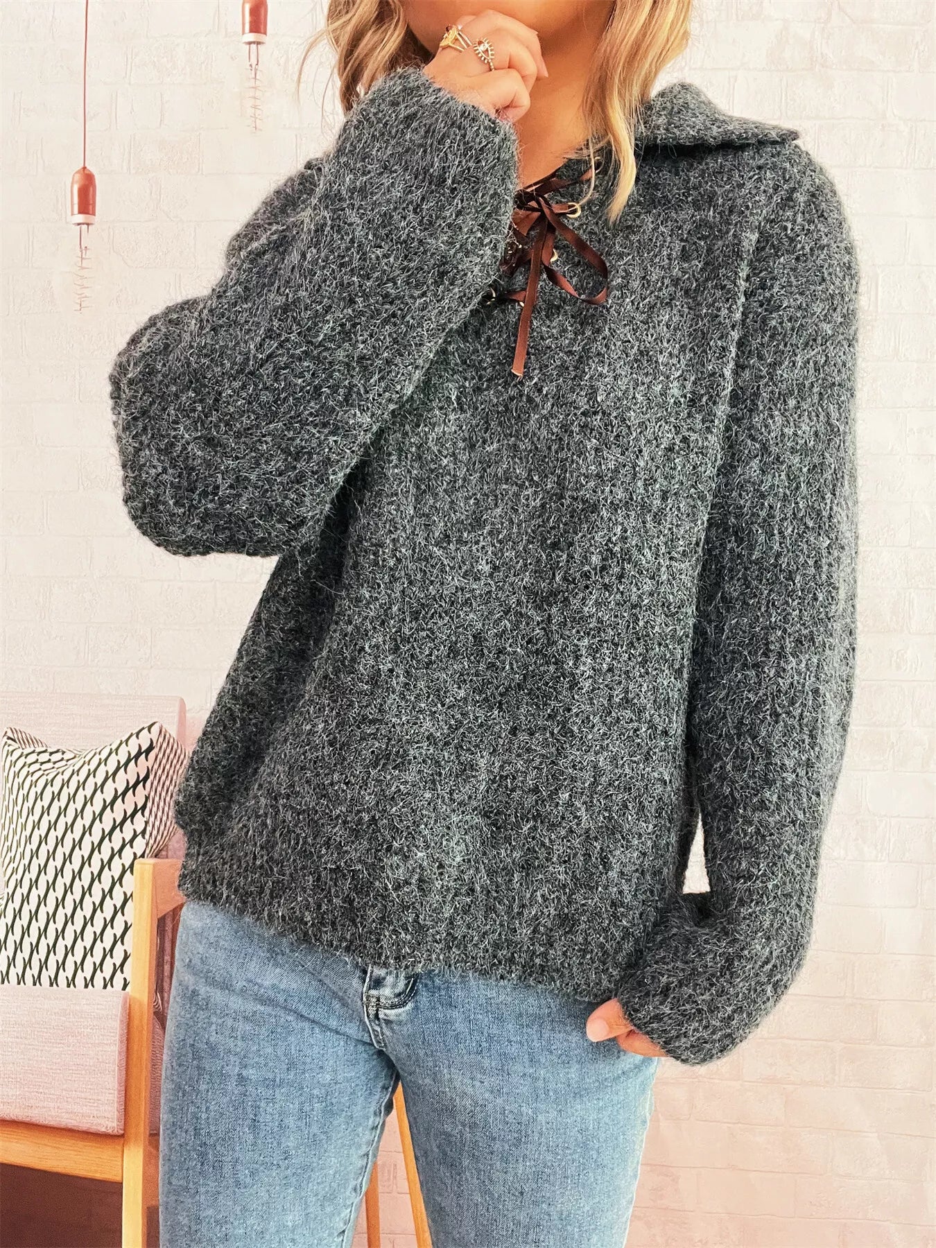 Lace Up Long Sleeve Sweater-Nordavory