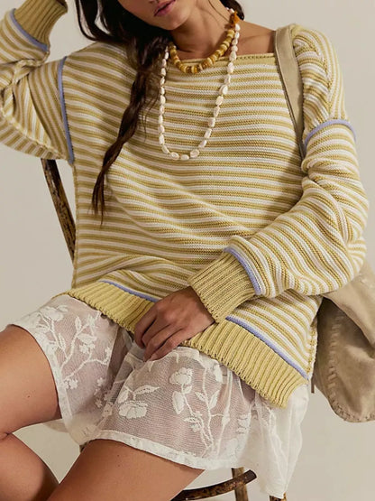 Striped Knit Round Neck Sweater-Nordavory