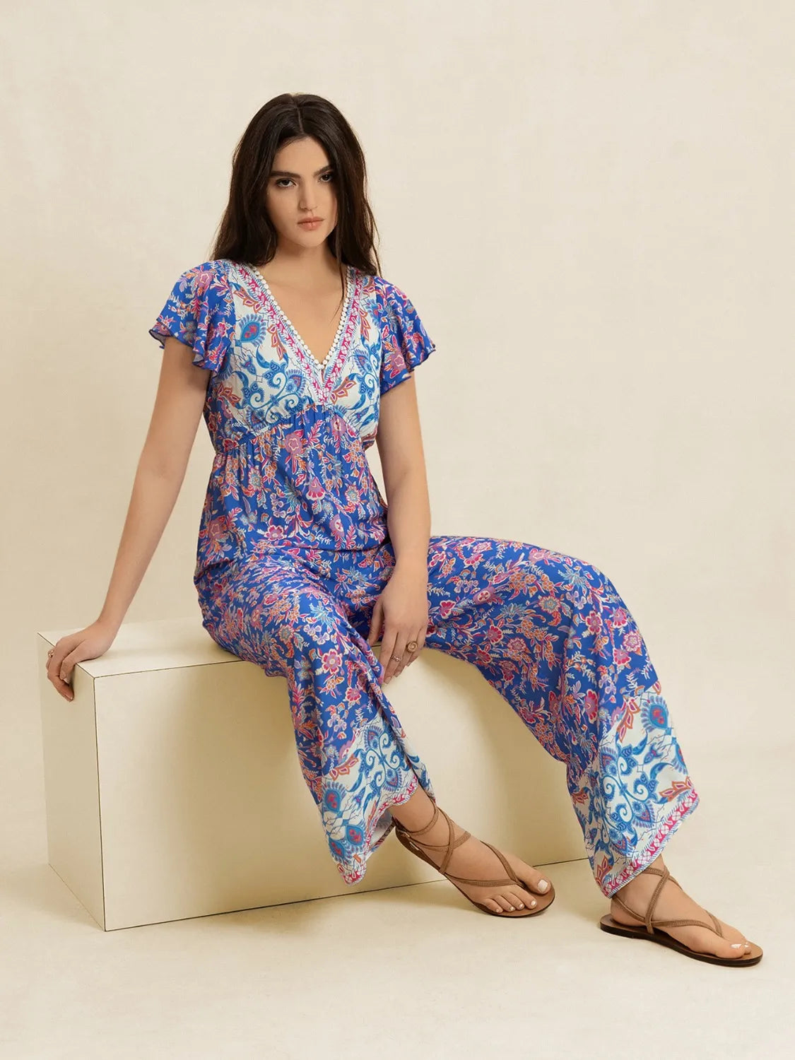 Printed V-Neck Wide Leg Jumpsuit-Nordavory