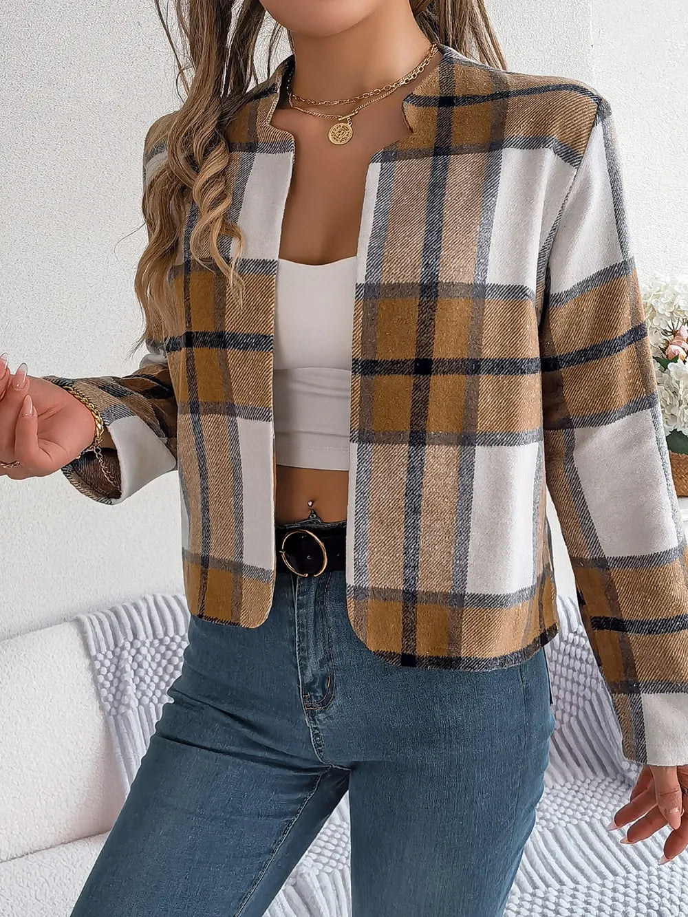 Plaid Open Front Long Sleeve Jacket-Nordavory