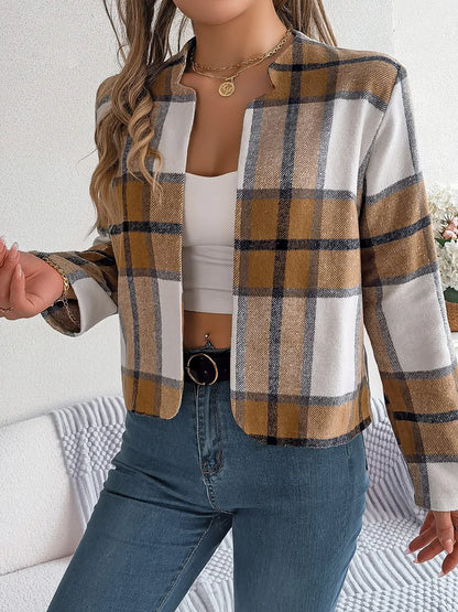 Plaid Open Front Long Sleeve Jacket-Nordavory