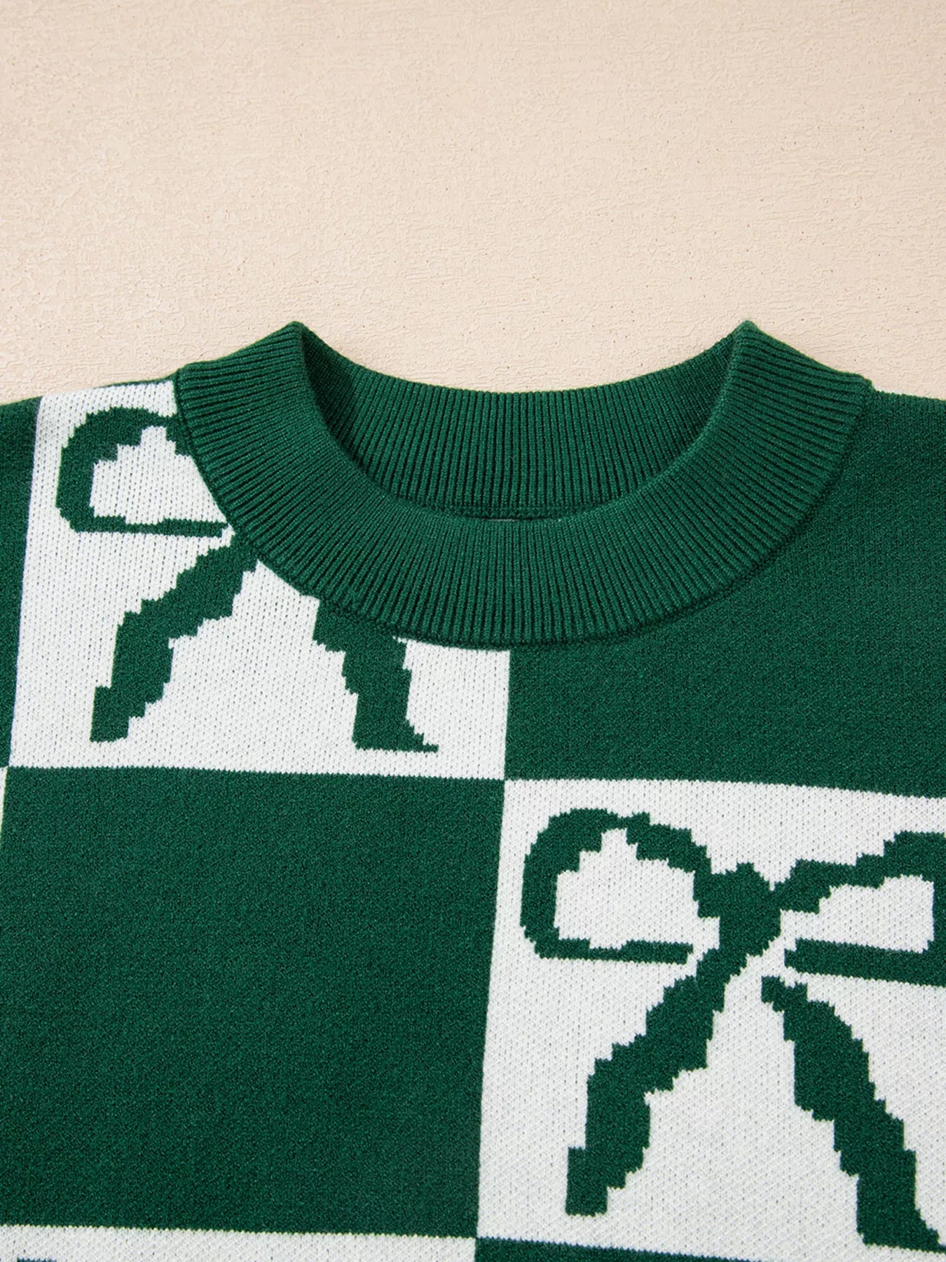 Checkered Bow Round Neck Casual Sweater-Nordavory