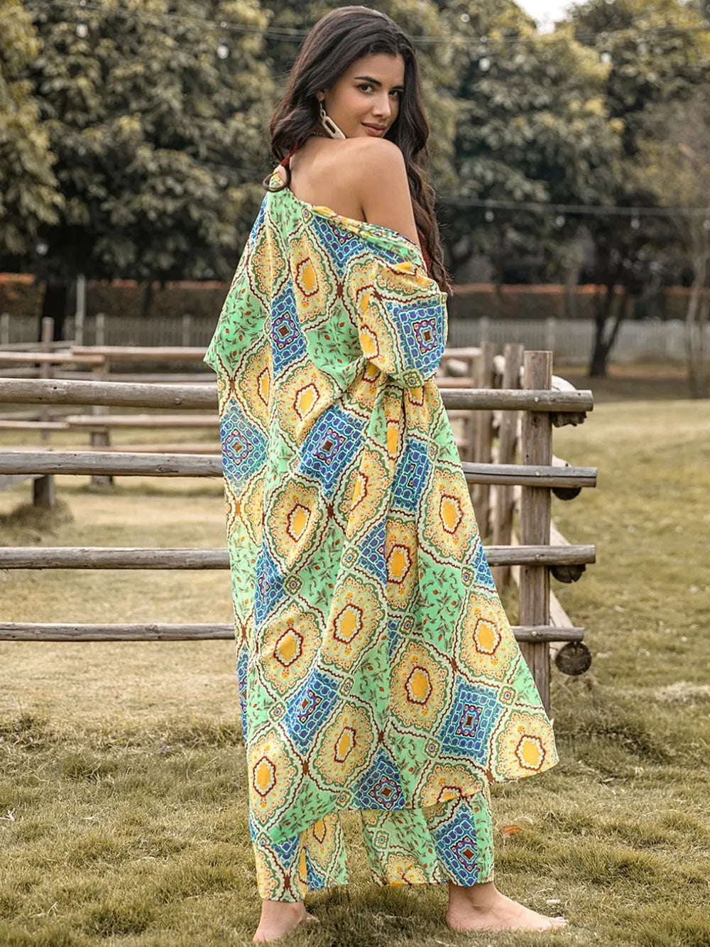 Printed Half Sleeve Top and Wide Leg Pants Set-Nordavory
