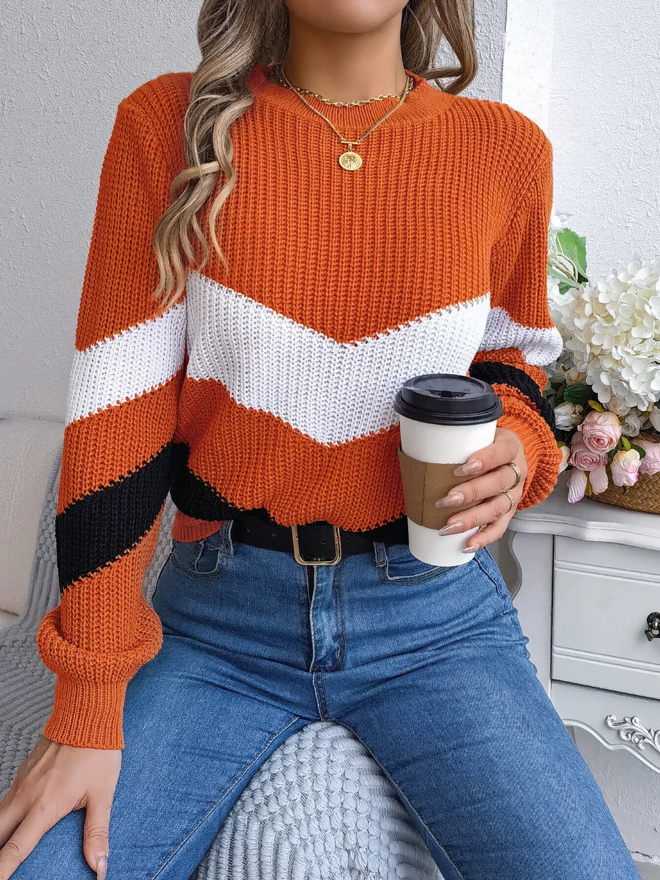 Chevron Stripe Color Block Round Neck Sweater-Nordavory