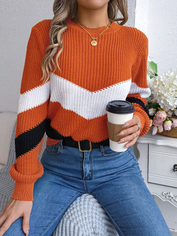 Chevron Stripe Color Block Round Neck Sweater-Nordavory