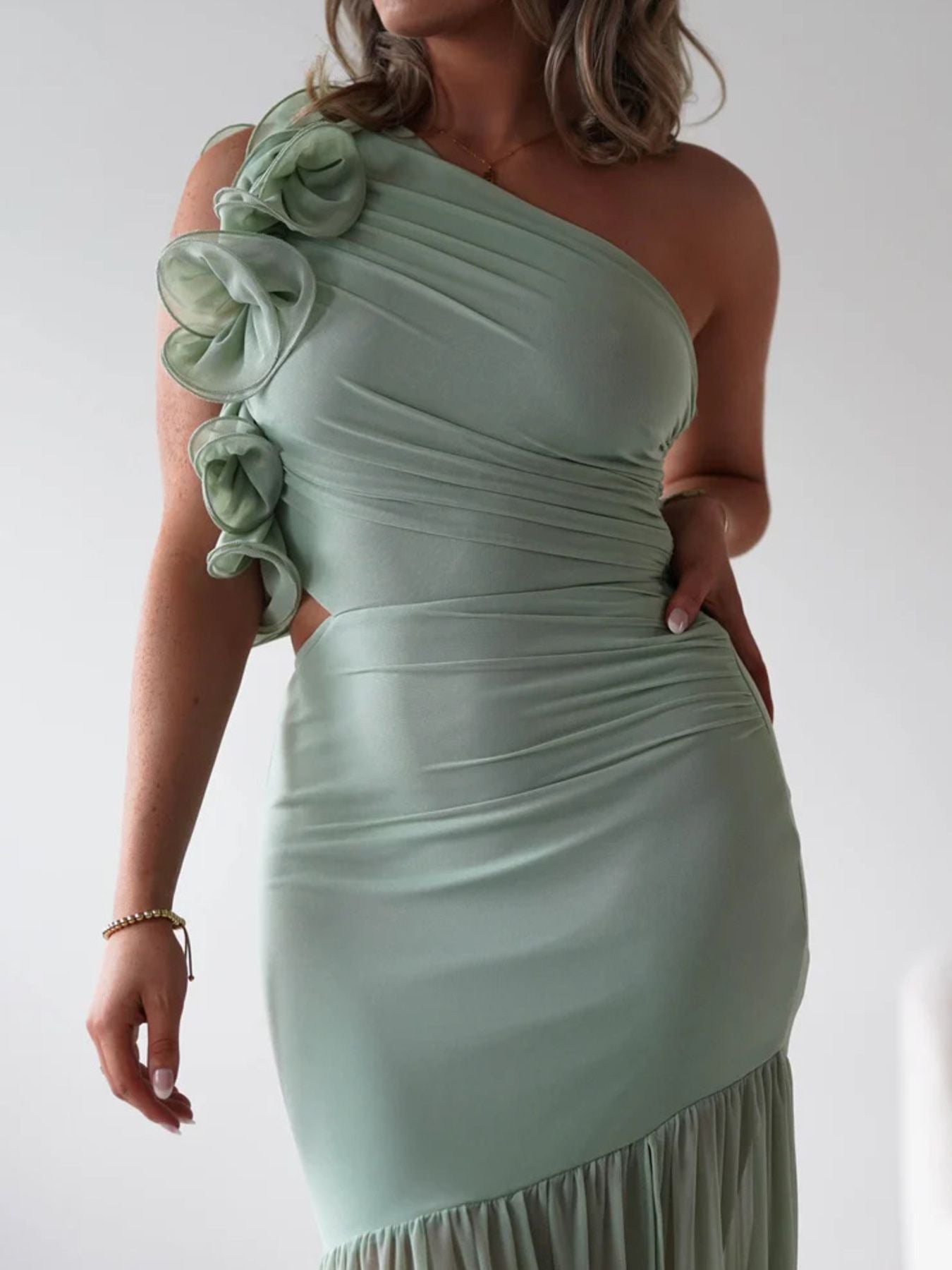 One-Shoulder Ruffle Trim Maxi Dress-Nordavory