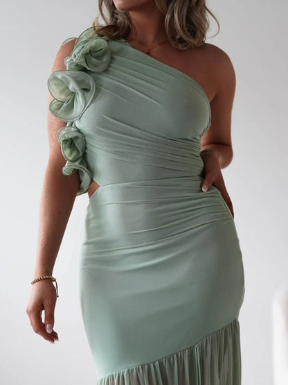 One-Shoulder Ruffle Trim Maxi Dress-Nordavory