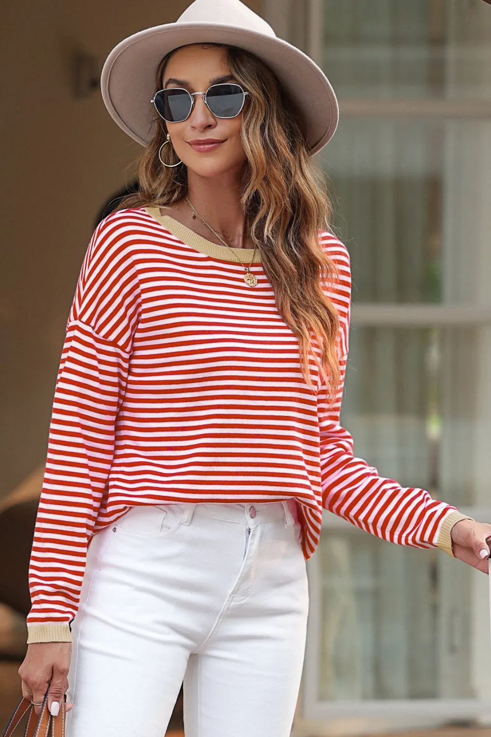 Striped Round Neck Drop Shoulder T-Shirt-Nordavory
