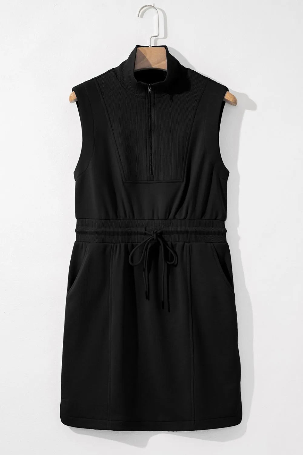 French Terry Zipped Collar Sleeveless Drawstring Waist Mini Dress-Nordavory