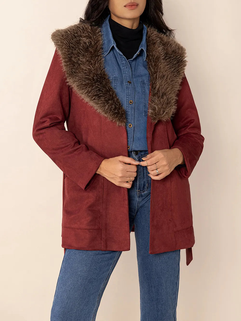 Fuzzy Collared Neck Tie Waist Jacket-Nordavory