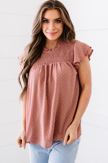 Polka Dot Smocked Flutter Sleeve Blouse-Nordavory
